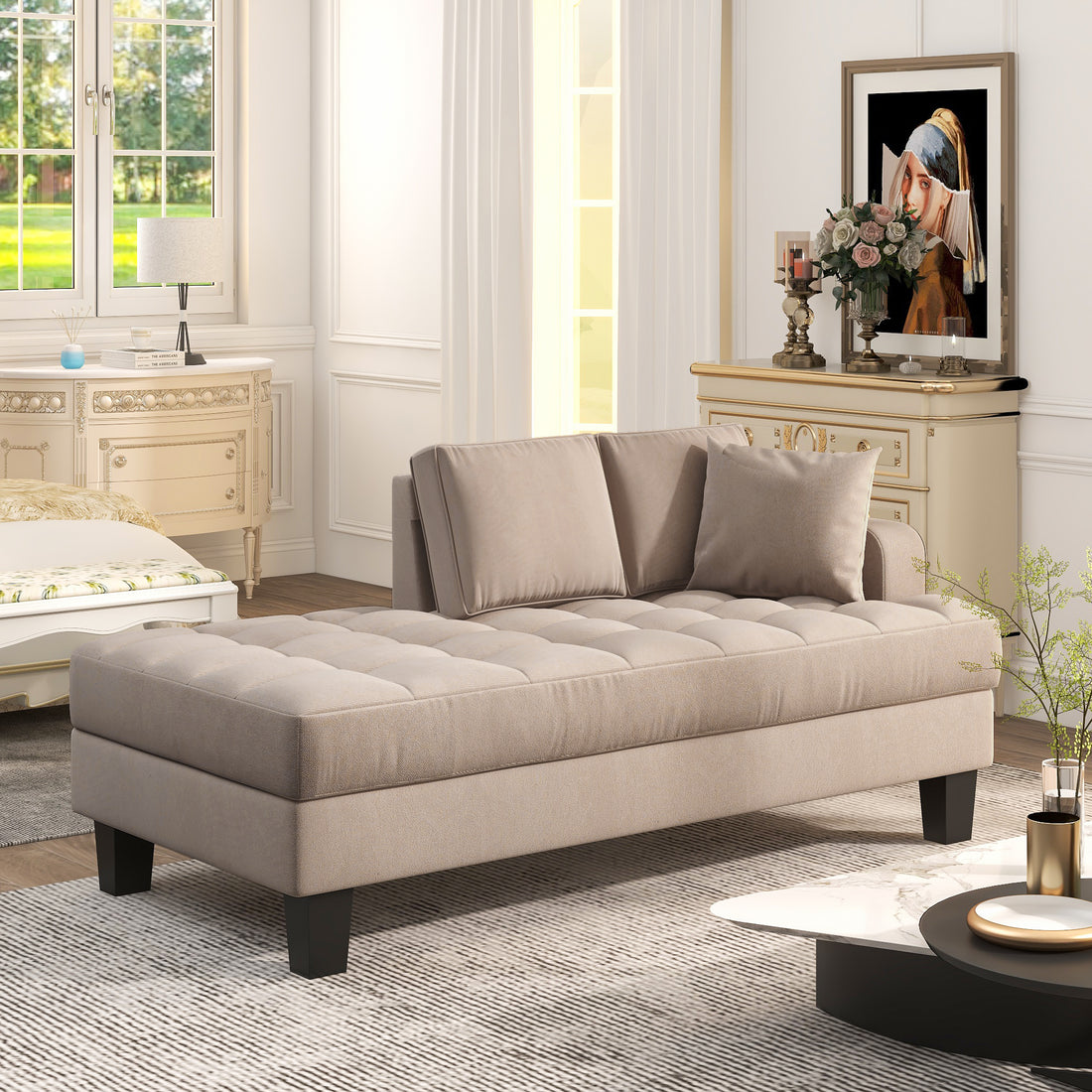 Video 64" Deep Tufted Upholstered Textured Fabric Chaise Lounge,Toss Pillow Included,Living Room Bedroom Use,Warm Grey Warm Grey Fabric Fabric