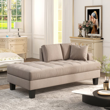 Video 64" Deep Tufted Upholstered Textured Fabric Chaise Lounge,Toss Pillow Included,Living Room Bedroom Use,Warm Grey Warm Grey Fabric Fabric