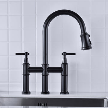 Bridge Kitchen Faucet With Pull Down Sprayhead In Spot Matte Black Brass