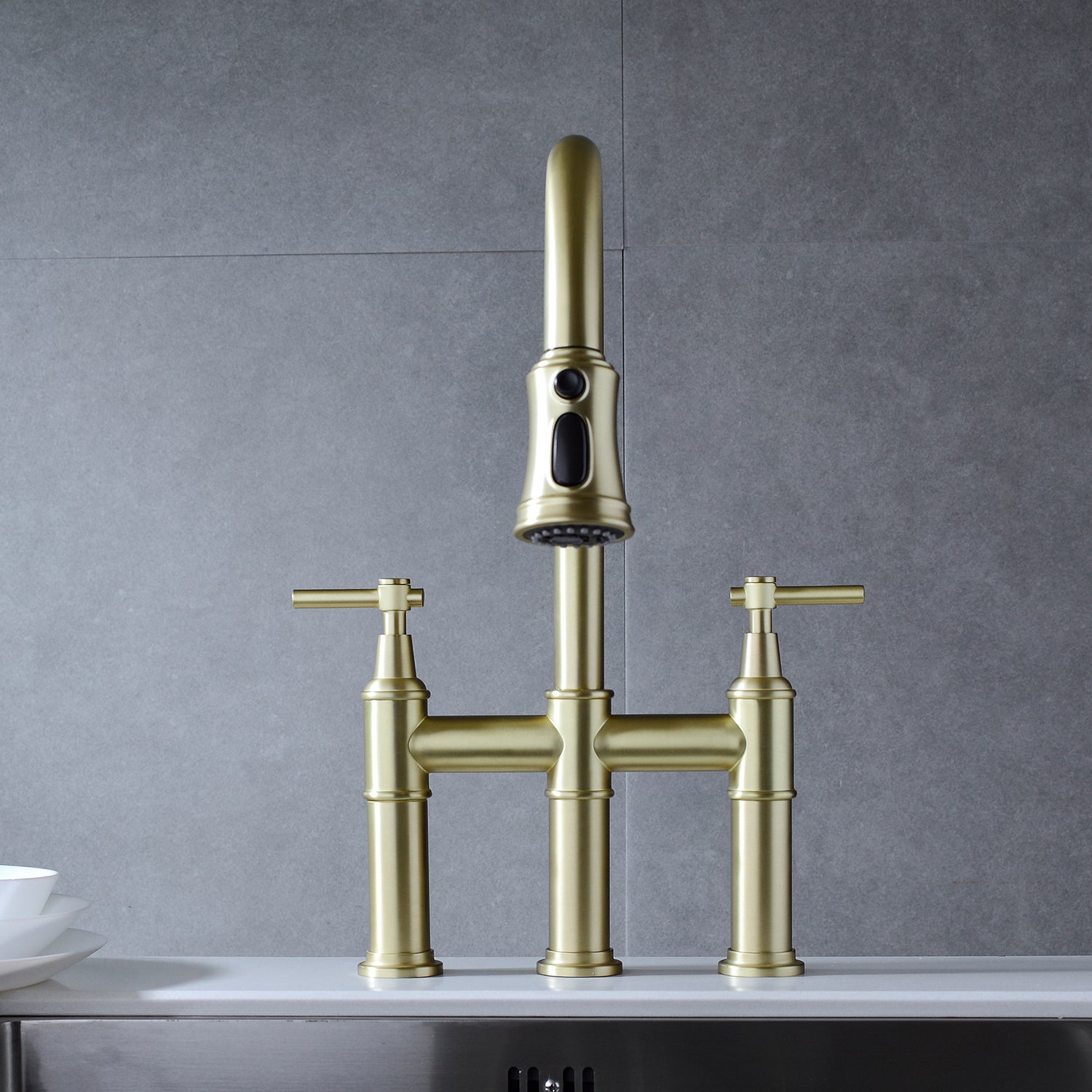 Bridge Kitchen Faucet With Pull Down Sprayhead In Spot Gold Brass