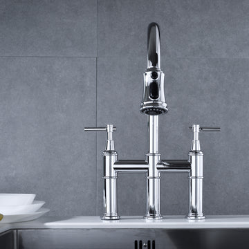 Bridge Kitchen Faucet With Pull Down Sprayhead In Spot Chrome Brass