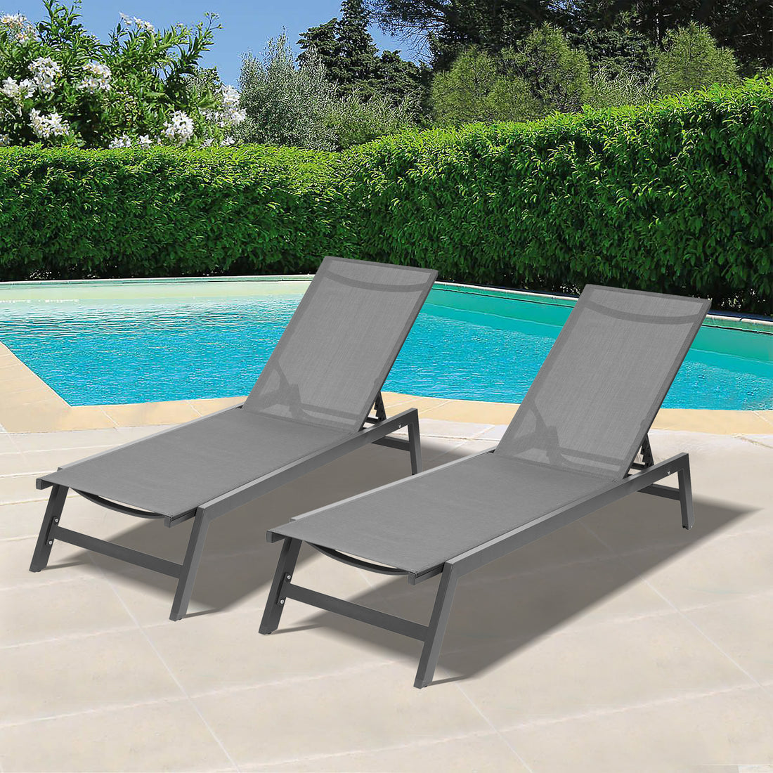 Outdoor 2 Pcs Set Chaise Lounge Chairs,Five Position Adjustable Aluminum Recliner,All Weather For Patio,Beach,Yard, Pool Grey Frame Dark Grey Fabric Gray Metal