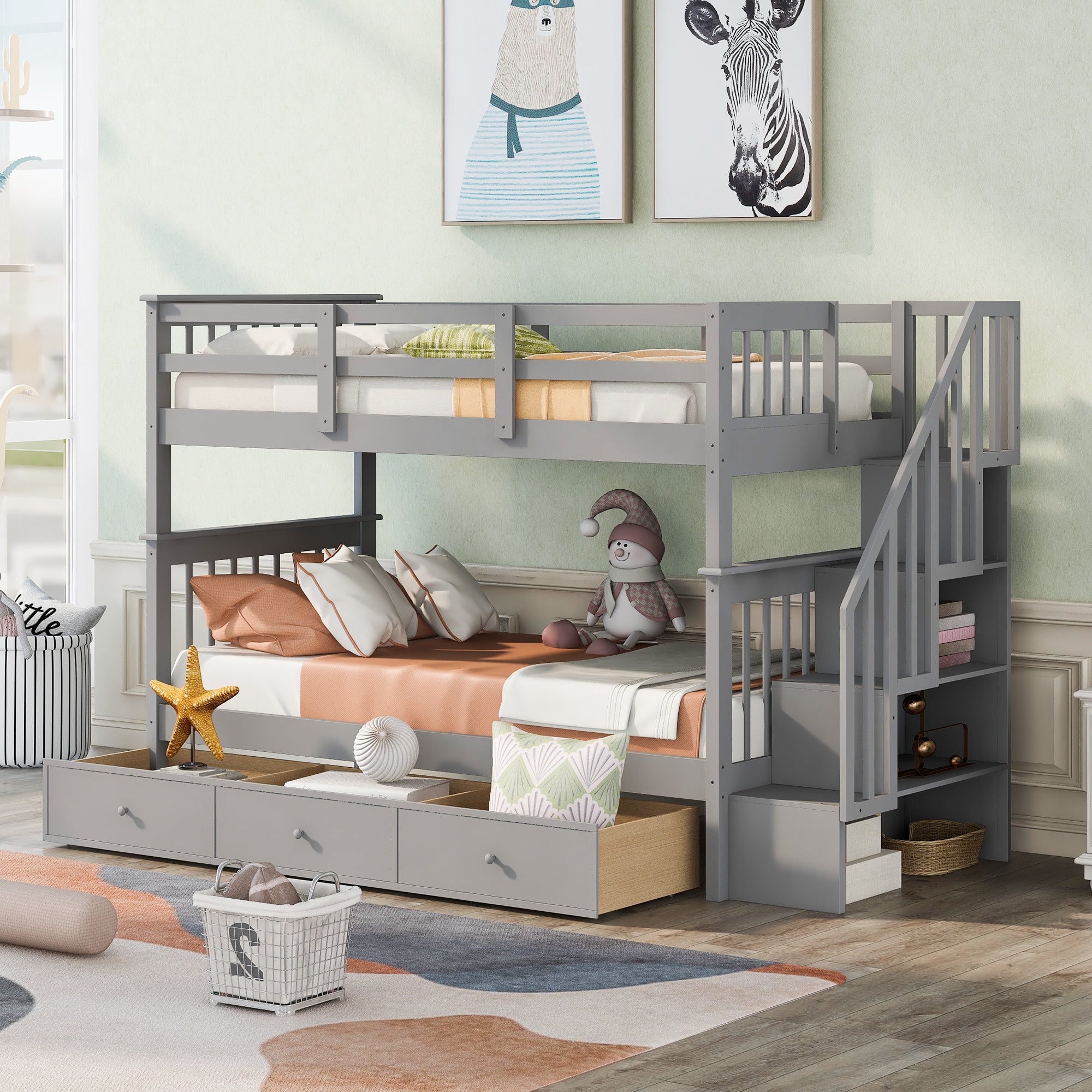 Stairway Twin Over Twin Bunk Bed With Three Drawers For Bedroom, Dorm Gray Old Sku: Lp000309Aae Gray Solid Wood