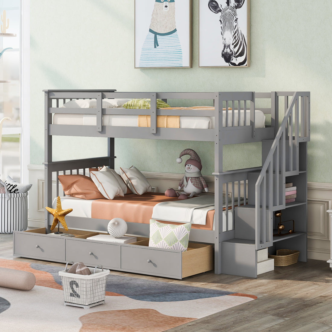 Stairway Twin Over Twin Bunk Bed With Three Drawers For Bedroom, Dorm Gray Old Sku: Lp000309Aae Gray Solid Wood