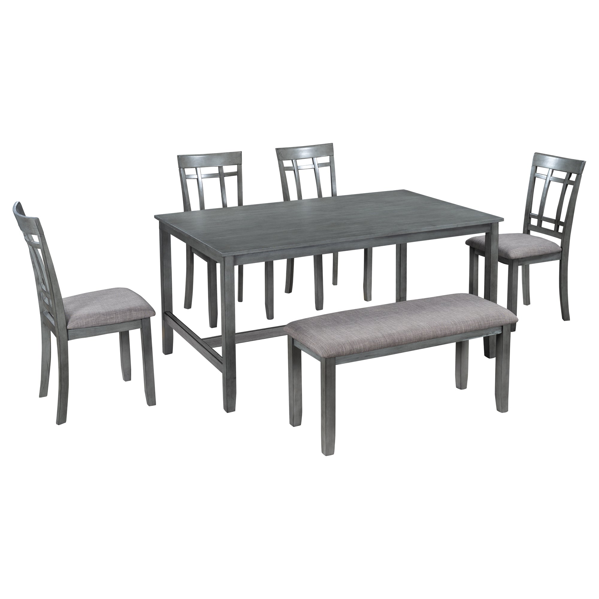 6 Piece Wooden Dining Table Set, Kitchen Table Set With 4 Chairs And Bench, Farmhouse Rustic Style,Gray Gray Wood Dining Room Bench Seating Acacia Rectangular Dining Table With Chair And Bench Upholstered Chair Wood Gray Ladder Back Seats 6 60 Inches