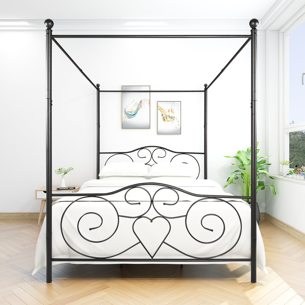 Metal Canopy Bed Frame With Vintage Style Headboard & Footboardeasy Diy Assembly All Parts Included, Queen Black Same As 748G Bk Box Spring Not Required Queen Black Metal Bedroom Bed Frame Metal