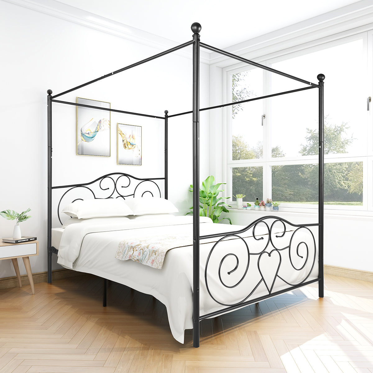 Metal Canopy Bed Frame with Vintage Style Headboard & box spring not