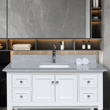 43 Inches Bathroom Stone Vanity Top Calacatta Gray Engineered Marble Color With Undermount Ceramic Sink And Single Faucet Hole With Backsplash Gray Stone