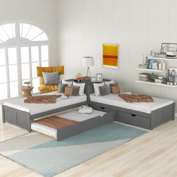 L Shaped Platform Bed With Trundle And Drawers Linked With Built In Desk,Twin,Gray Gray Pine