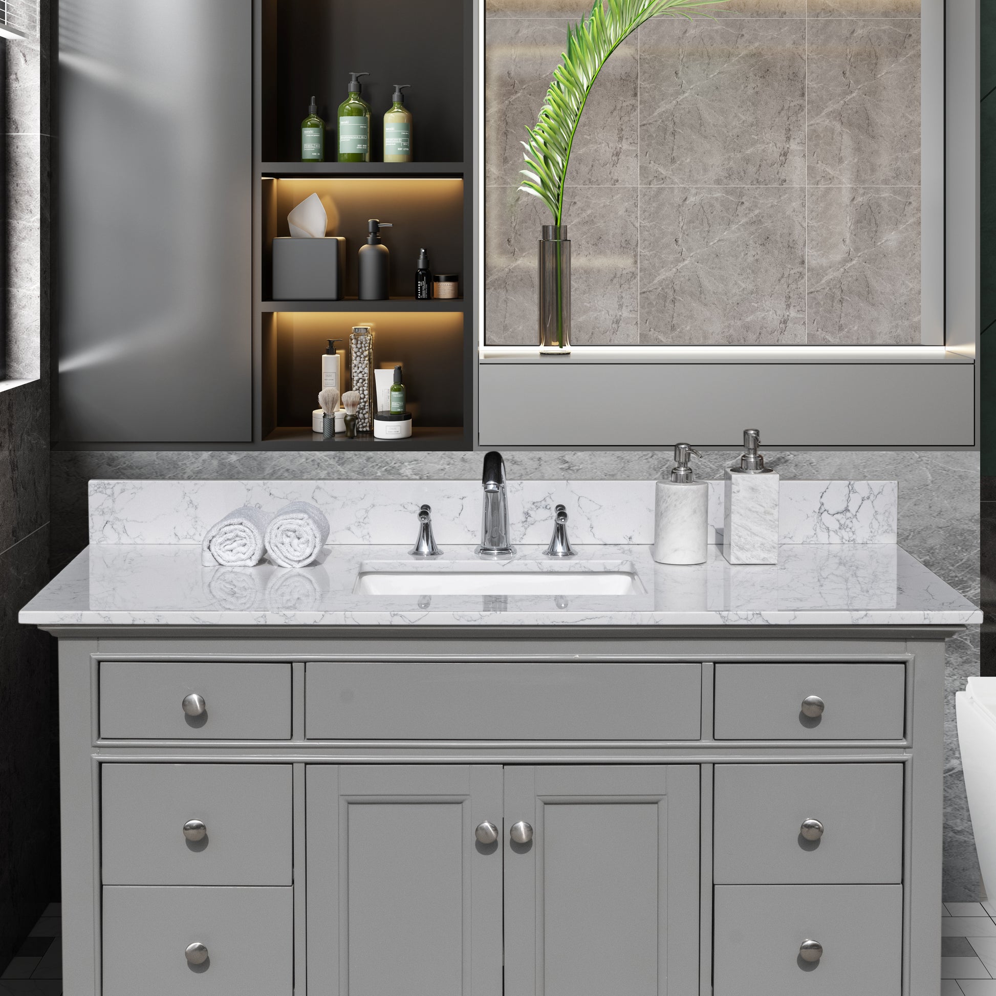 49"X 22" Bathroom Stone Vanity Top Carrara Jade Engineered Marble Color With Undermount Ceramic Sink And 3 Faucet Hole With Backsplash White Stone