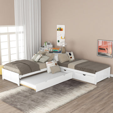 L Shaped Platform Bed With Trundle And Drawers Linked With Built In Desk,Twin,White White Pine