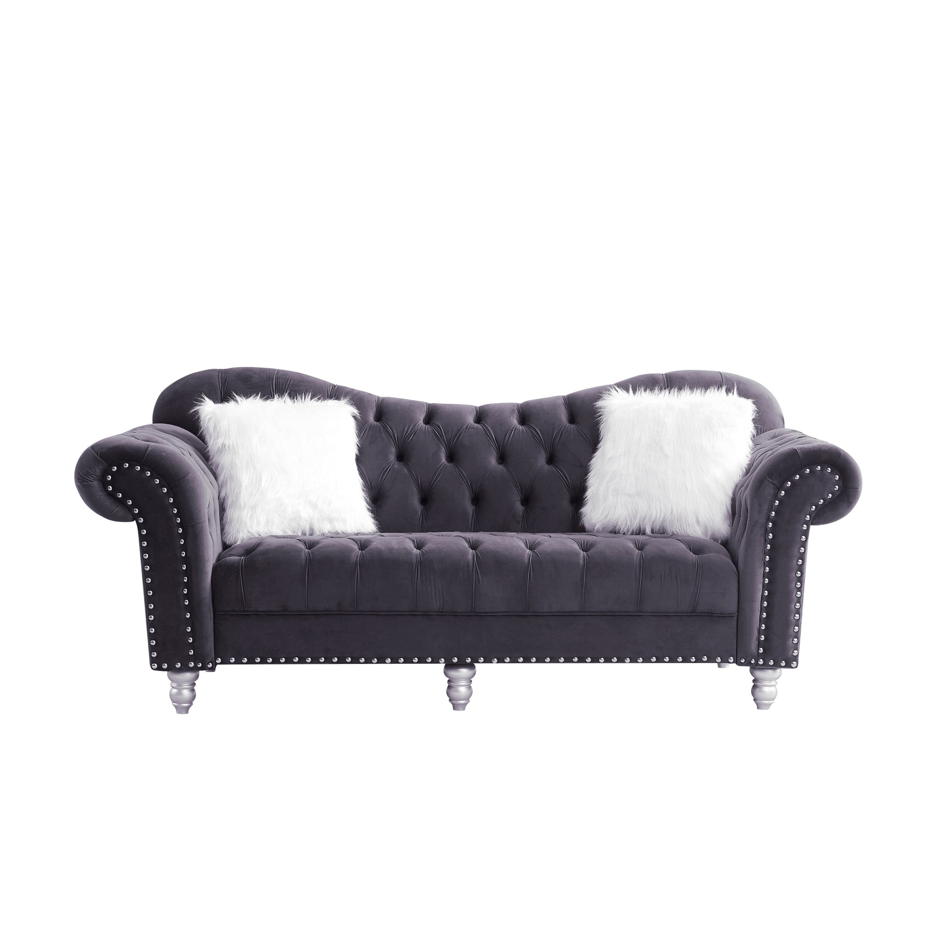 3 Piece Living Room Sofa Set, Including 3 Seater Sofa, Loveseat And Sofa Chair, With Button And Copper Nail On Arms And Back, Five White Villose Pillow, Grey. Grey Velvet