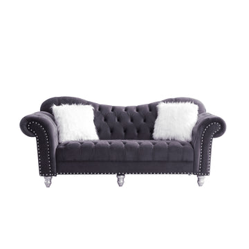 3 Piece Living Room Sofa Set, Including 3 Seater Sofa, Loveseat And Sofa Chair, With Button And Copper Nail On Arms And Back, Five White Villose Pillow, Grey. Grey Velvet