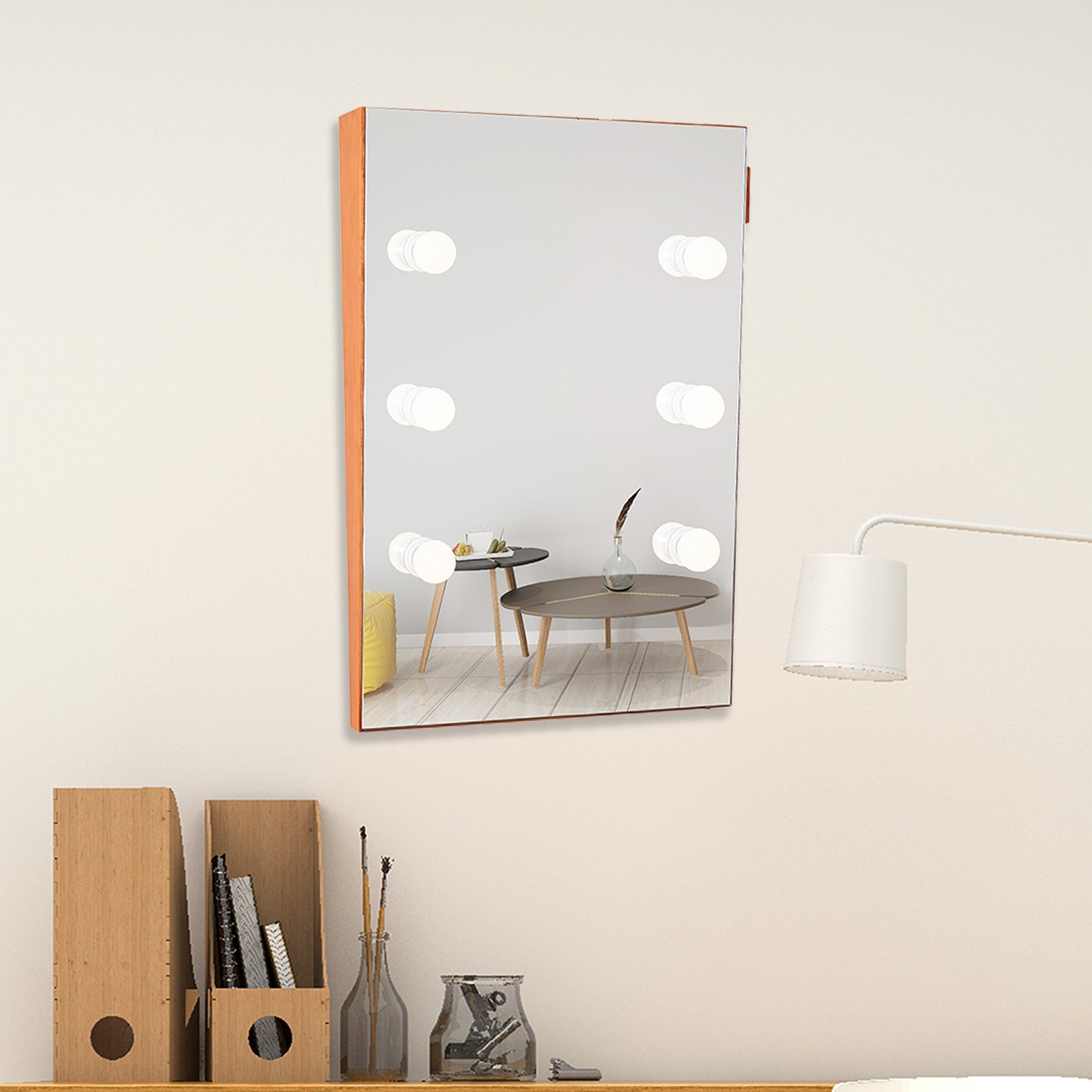 Wooden Wall Vanity Mirror Makeup Mirror Dressing Mirror With Led Bulbs Natural Solid Wood