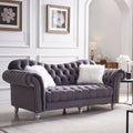 3 Piece Living Room Sofa Set, Including 3 Seater Sofa, Loveseat And Sofa Chair, With Button And Copper Nail On Arms And Back, Five White Villose Pillow, Grey. Grey Velvet