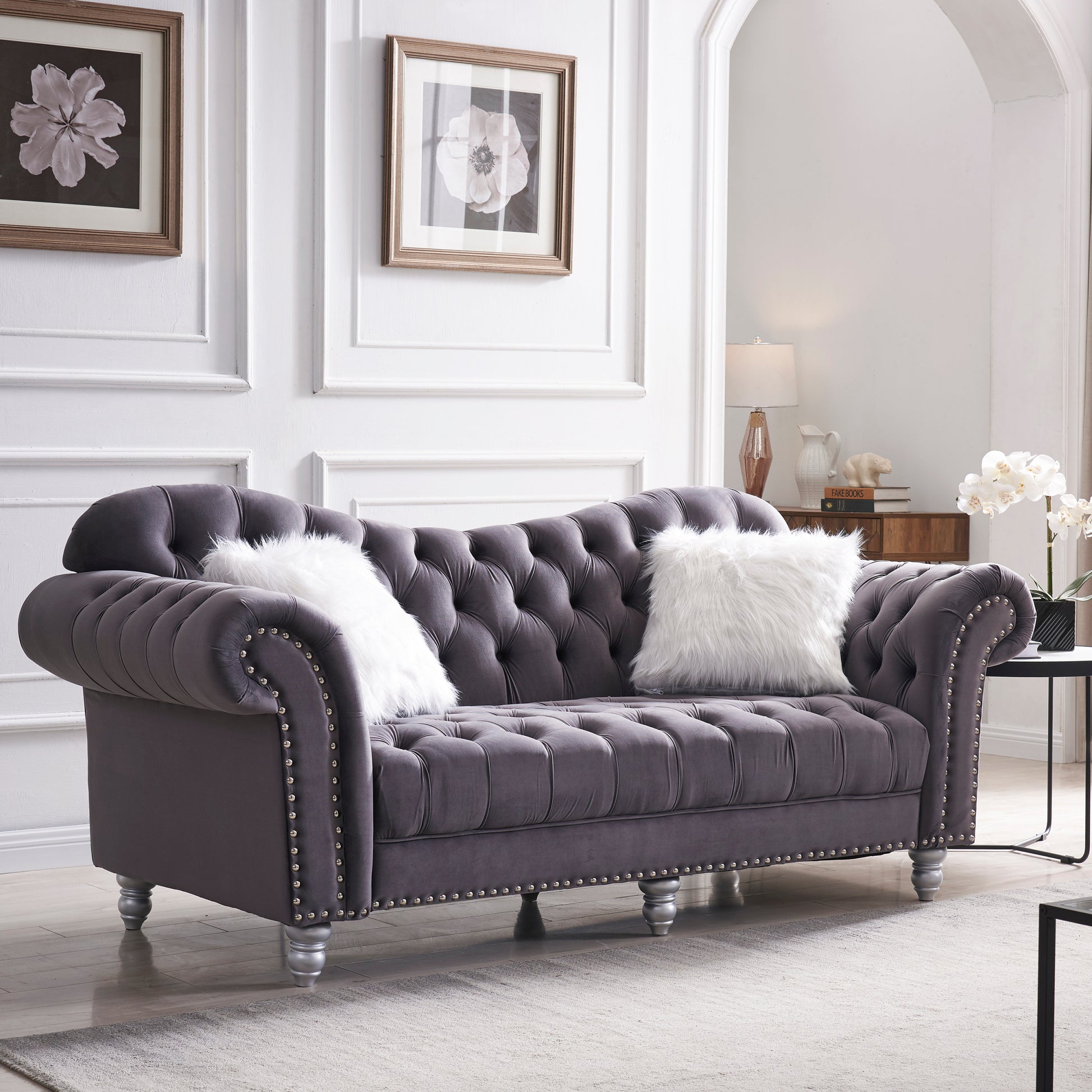 3 Piece Living Room Sofa Set, Including 3 Seater Sofa, Loveseat And Sofa Chair, With Button And Copper Nail On Arms And Back, Five White Villose Pillow, Grey. Grey Velvet