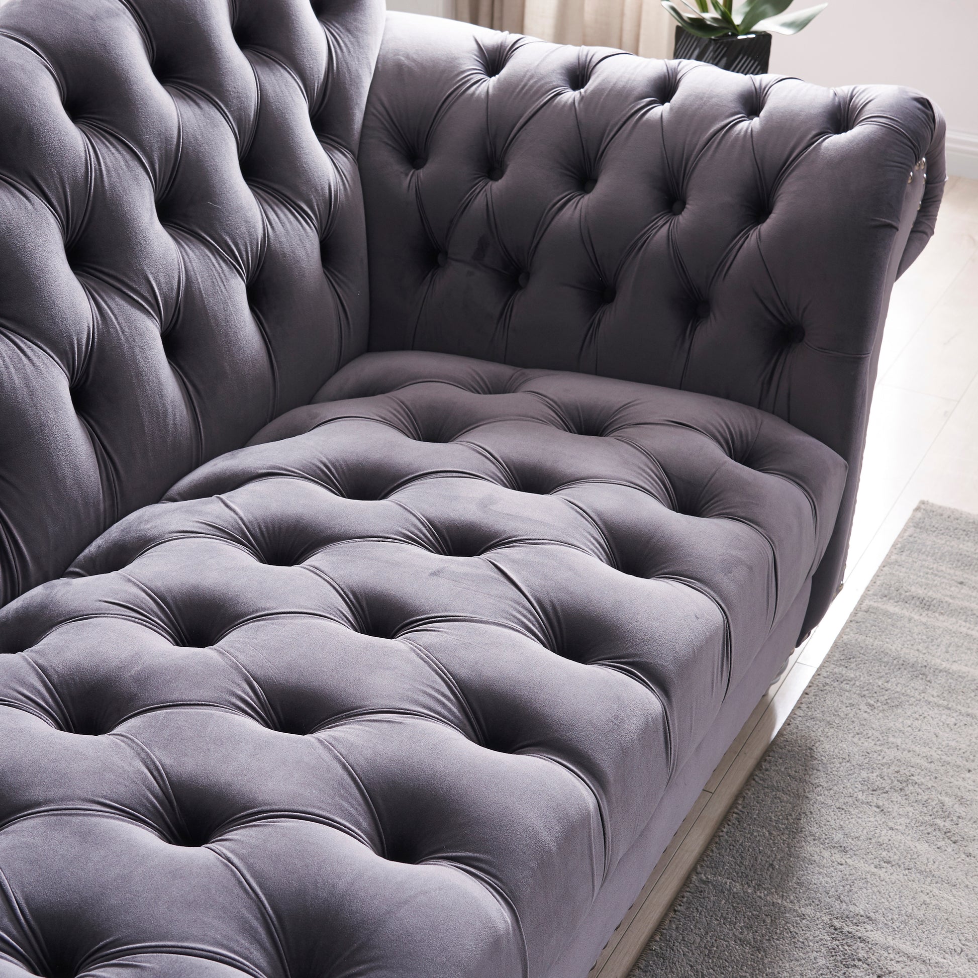 3 Piece Living Room Sofa Set, Including 3 Seater Sofa, Loveseat And Sofa Chair, With Button And Copper Nail On Arms And Back, Five White Villose Pillow, Grey. Grey Velvet