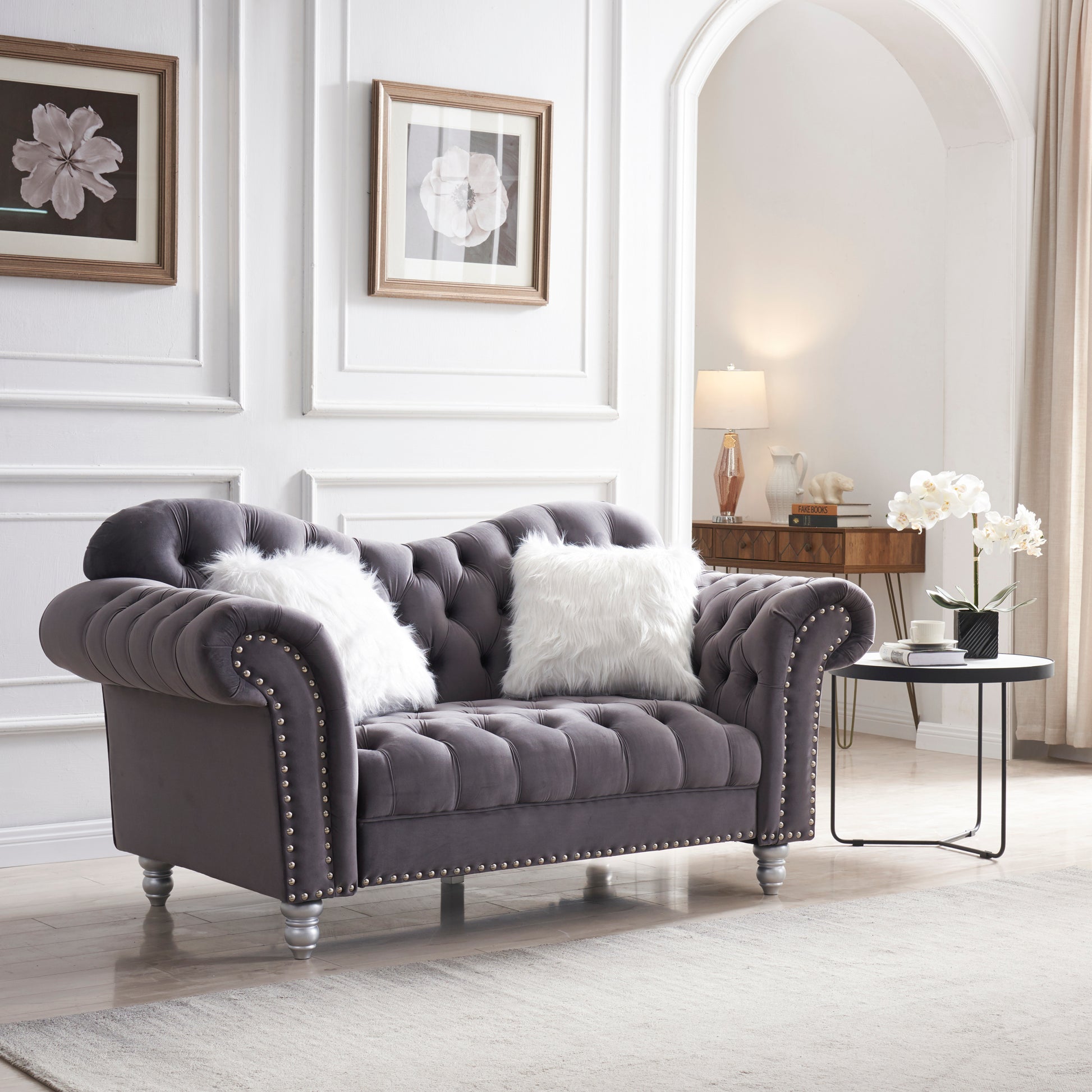 3 Piece Living Room Sofa Set, Including 3 Seater Sofa, Loveseat And Sofa Chair, With Button And Copper Nail On Arms And Back, Five White Villose Pillow, Grey. Grey Velvet