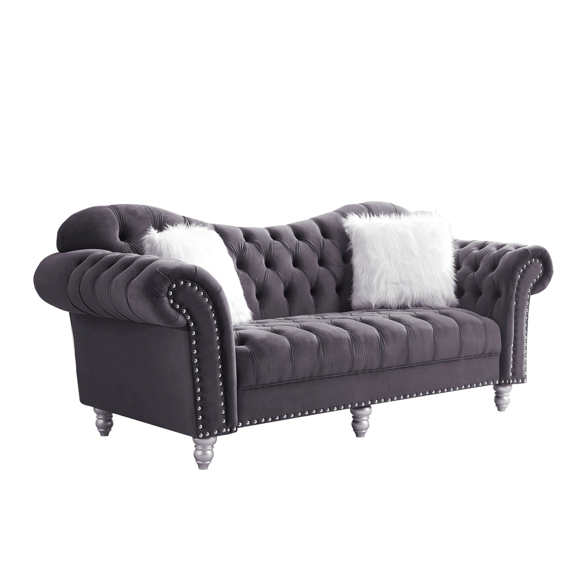 3 Piece Living Room Sofa Set, Including 3 Seater Sofa, Loveseat And Sofa Chair, With Button And Copper Nail On Arms And Back, Five White Villose Pillow, Grey. Grey Velvet