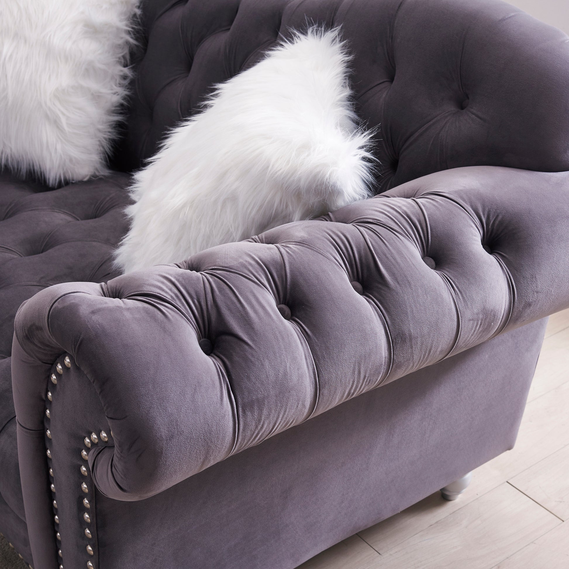 3 Piece Living Room Sofa Set, Including 3 Seater Sofa, Loveseat And Sofa Chair, With Button And Copper Nail On Arms And Back, Five White Villose Pillow, Grey. Grey Velvet