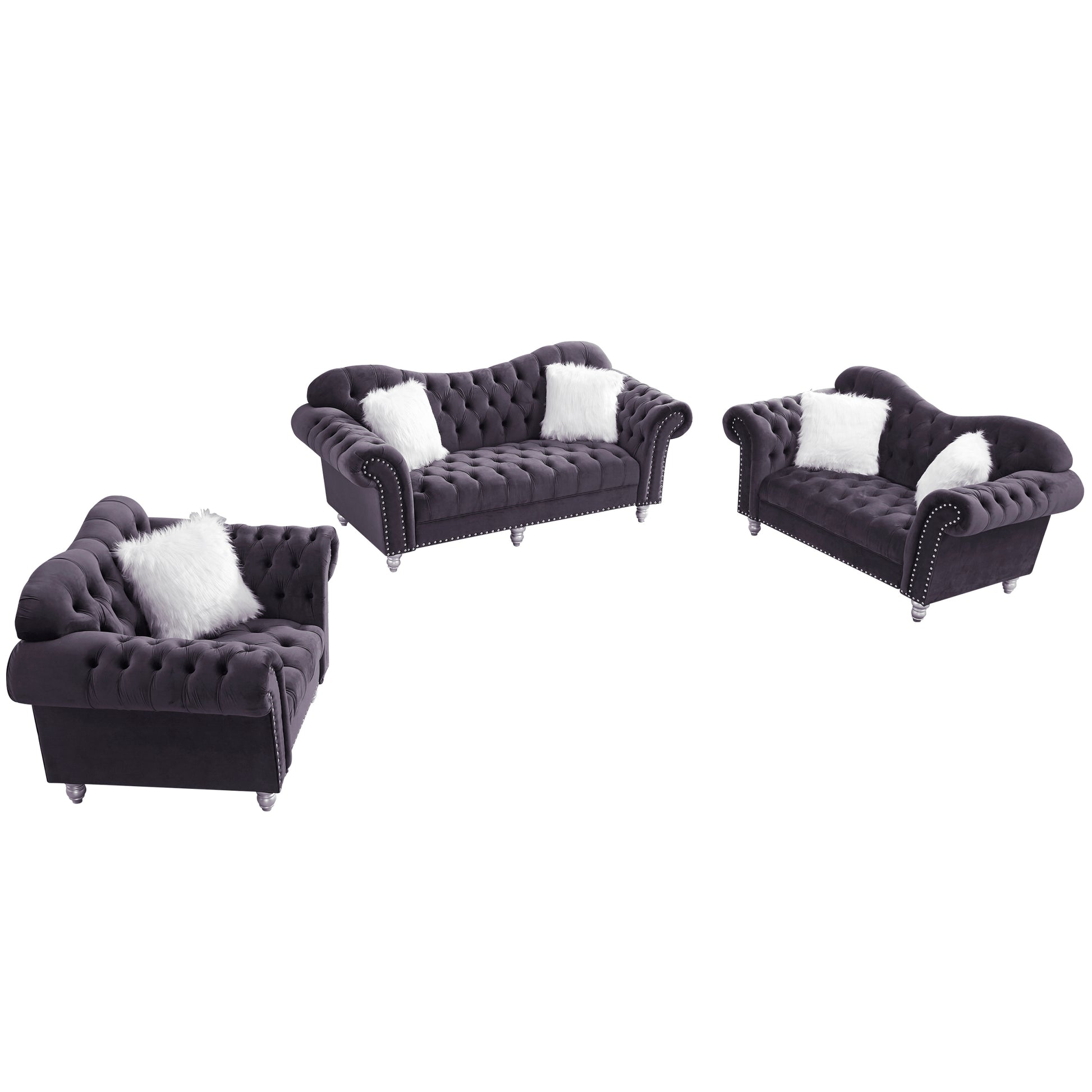 3 Piece Living Room Sofa Set, Including 3 Seater Sofa, Loveseat And Sofa Chair, With Button And Copper Nail On Arms And Back, Five White Villose Pillow, Grey. Grey Velvet