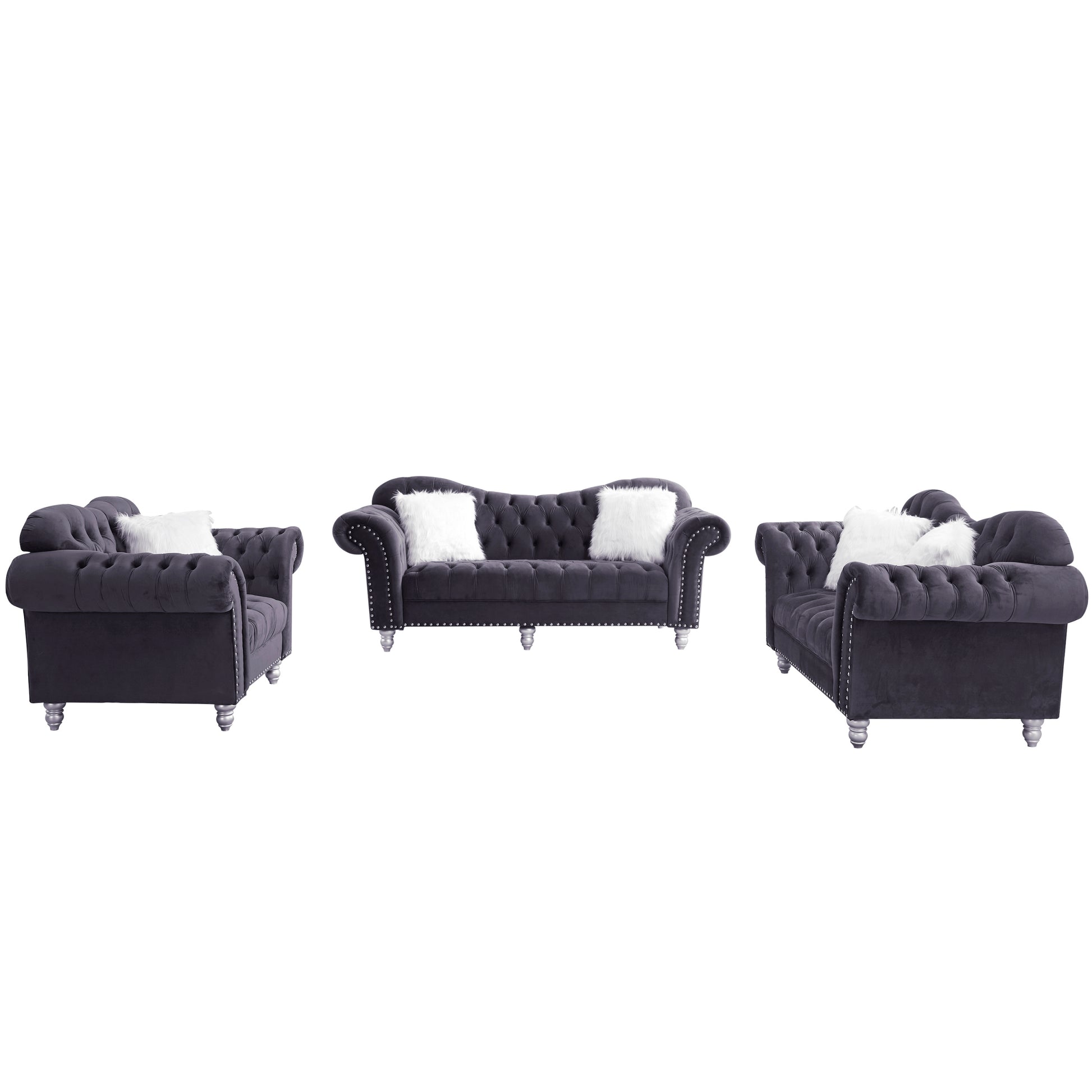 3 Piece Living Room Sofa Set, Including 3 Seater Sofa, Loveseat And Sofa Chair, With Button And Copper Nail On Arms And Back, Five White Villose Pillow, Grey. Grey Velvet
