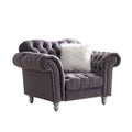 3 Piece Living Room Sofa Set, Including 3 Seater Sofa, Loveseat And Sofa Chair, With Button And Copper Nail On Arms And Back, Five White Villose Pillow, Grey. Grey Velvet