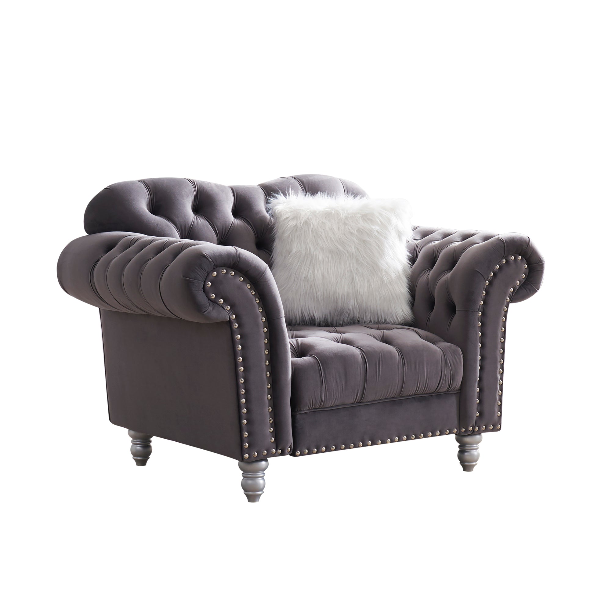 3 Piece Living Room Sofa Set, Including 3 Seater Sofa, Loveseat And Sofa Chair, With Button And Copper Nail On Arms And Back, Five White Villose Pillow, Grey. Grey Velvet