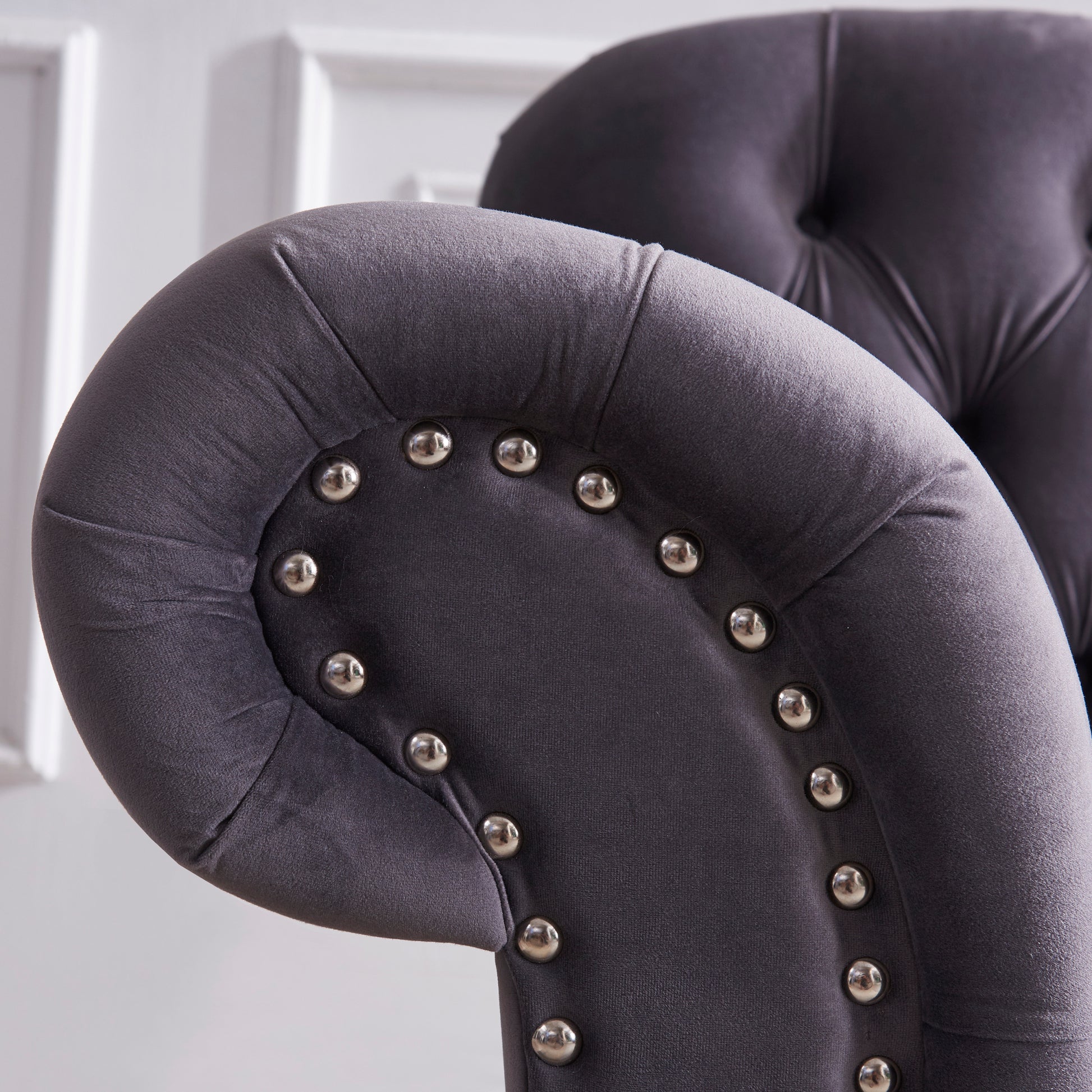 3 Piece Living Room Sofa Set, Including 3 Seater Sofa, Loveseat And Sofa Chair, With Button And Copper Nail On Arms And Back, Five White Villose Pillow, Grey. Grey Velvet