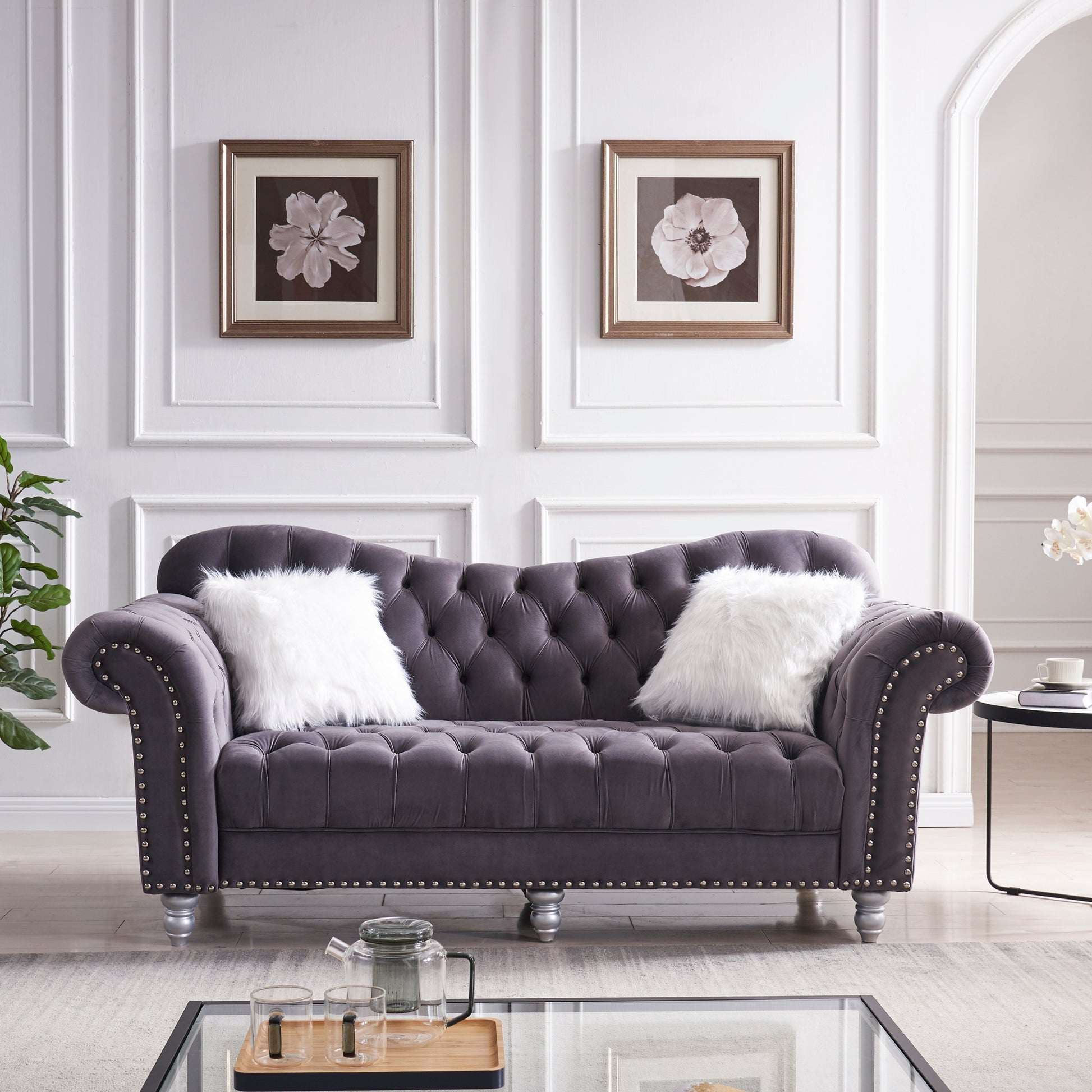 3 Piece Living Room Sofa Set, Including 3 Seater Sofa, Loveseat And Sofa Chair, With Button And Copper Nail On Arms And Back, Five White Villose Pillow, Grey. Grey Velvet