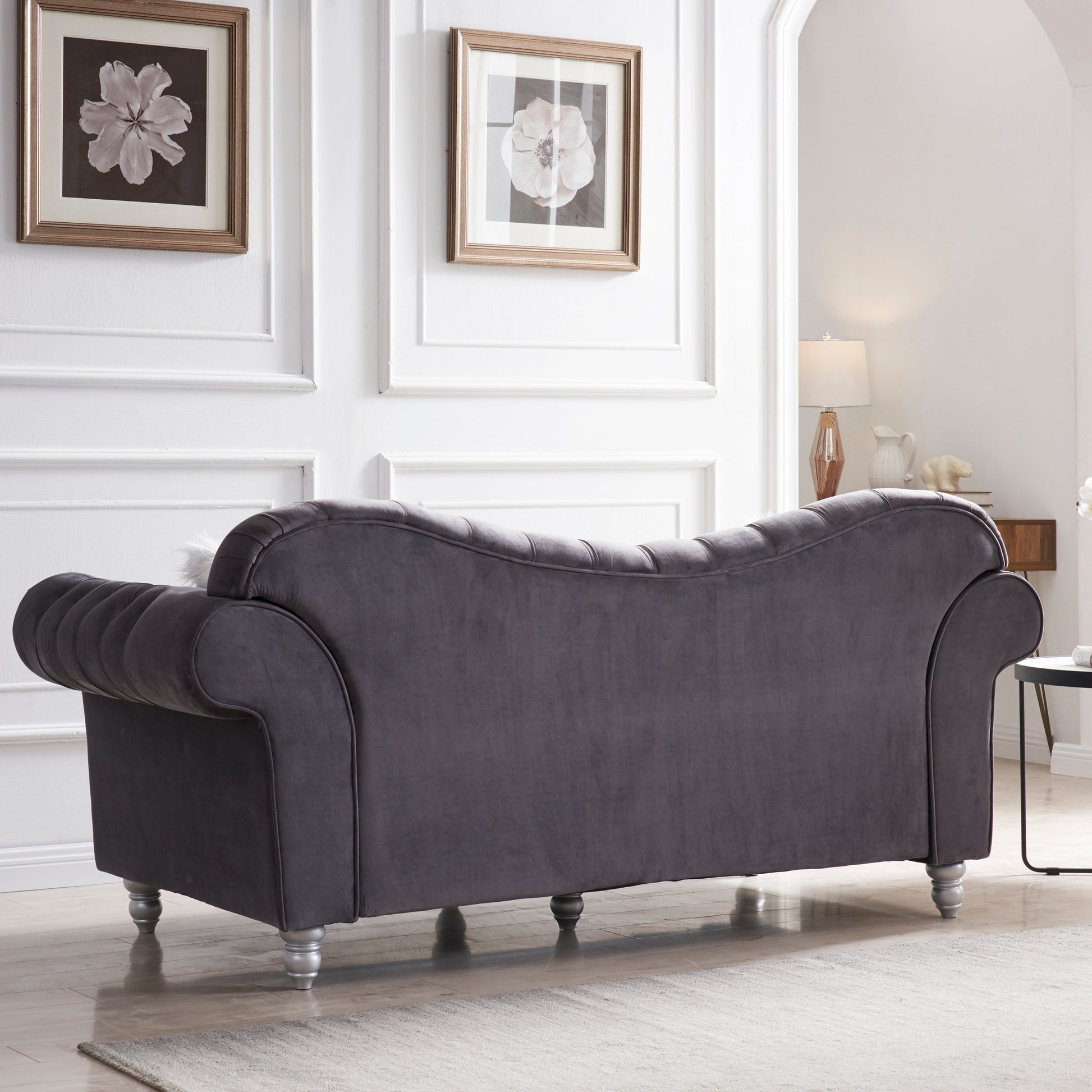 3 Piece Living Room Sofa Set, Including 3 Seater Sofa, Loveseat And Sofa Chair, With Button And Copper Nail On Arms And Back, Five White Villose Pillow, Grey. Grey Velvet