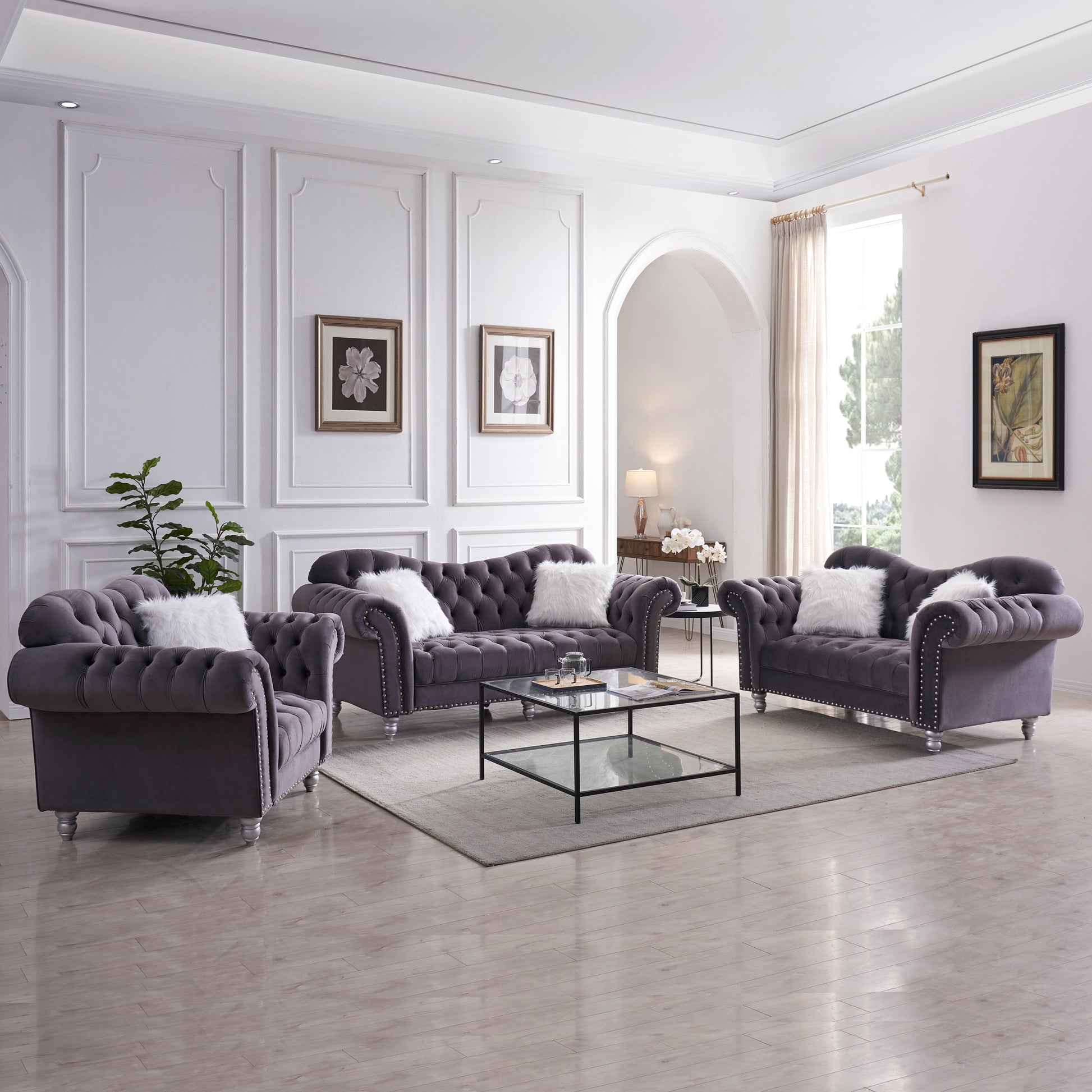 3 Piece Living Room Sofa Set, Including 3 Seater Sofa, Loveseat And Sofa Chair, With Button And Copper Nail On Arms And Back, Five White Villose Pillow, Grey. Grey Velvet