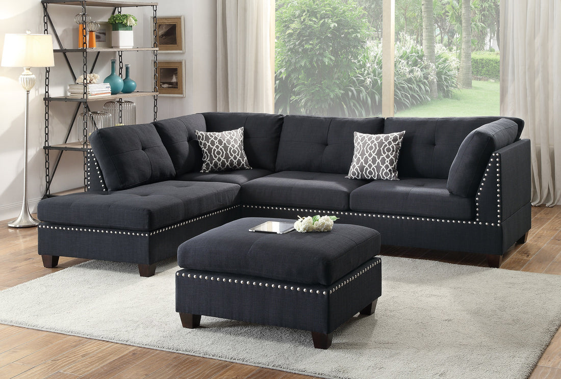 3 Pcs Sectional Sofa Black Polyfiber Cushion Sofa Chaise Ottoman Reversible Couch Pillows Black Wood Primary Living Space Tufted Back Contemporary,Modern L Shaped Rubberwood Particle Board 4 Seat