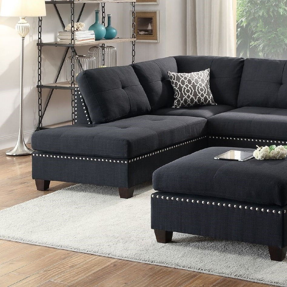 3 Pcs Sectional Sofa Black Polyfiber Cushion Sofa Chaise Ottoman Reversible Couch Pillows Black Wood Primary Living Space Tufted Back Contemporary,Modern L Shaped Rubberwood Particle Board 4 Seat