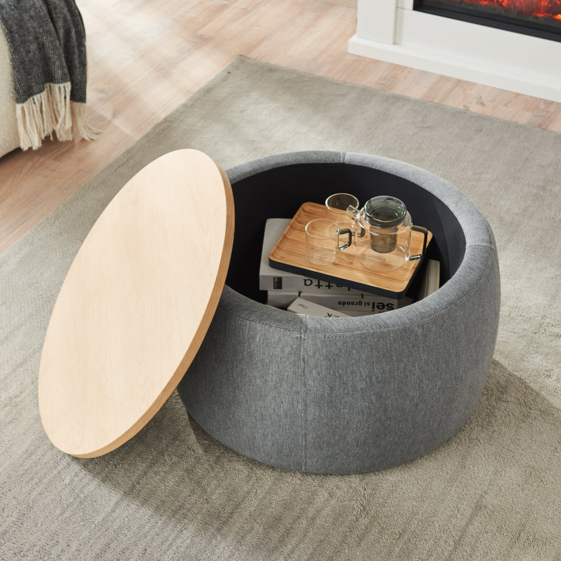 Round Storage Ottoman, 2 In 1 Function, Work As End Table And Ottoman, Dark Grey 25.5"X25.5"X14.5" Dark Grey Mdf