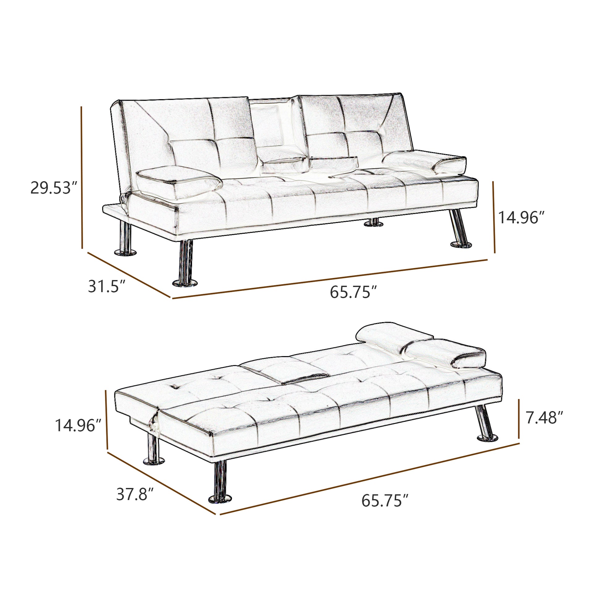 Black Faux Leather Loveseat Sofa Bed With Cup Holdersconvertible Folding Sleeper Couch Bed . Black Wood Tufted Back Armless Foam Pu 2 Seat