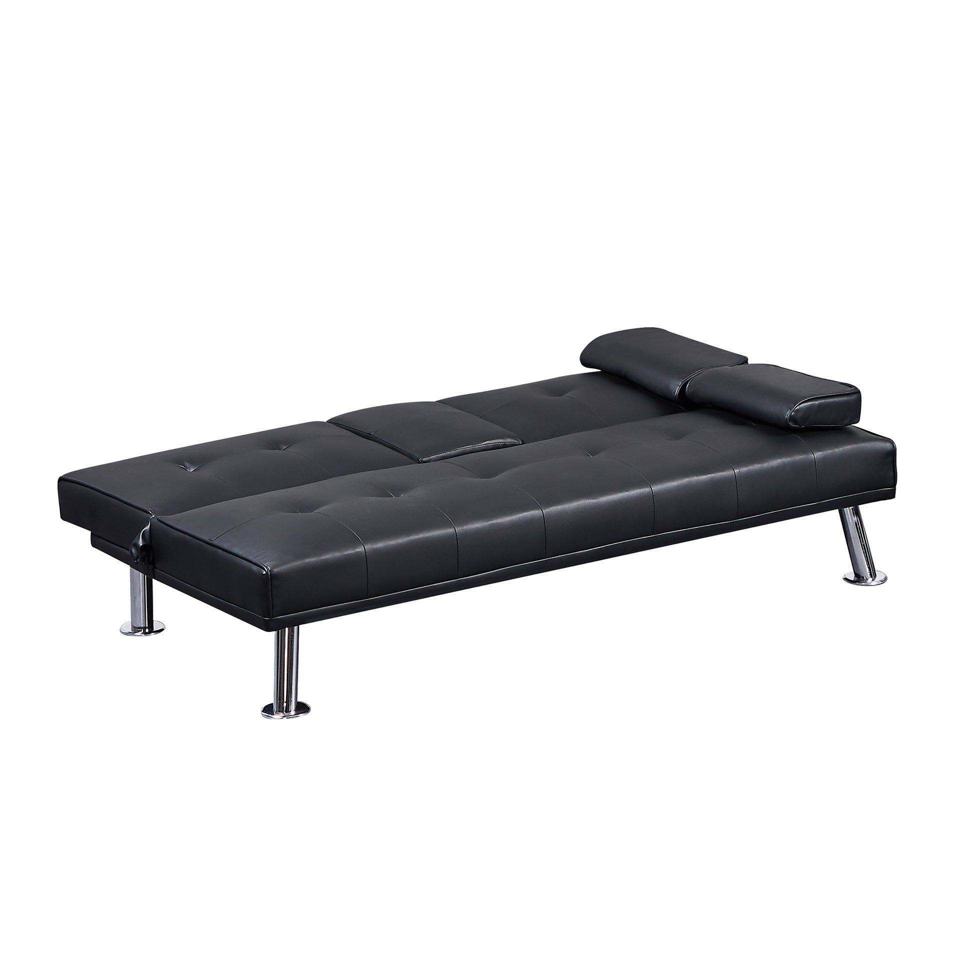 Black Faux Leather Loveseat Sofa Bed With Cup Holdersconvertible Folding Sleeper Couch Bed . Black Wood Tufted Back Armless Foam Pu 2 Seat