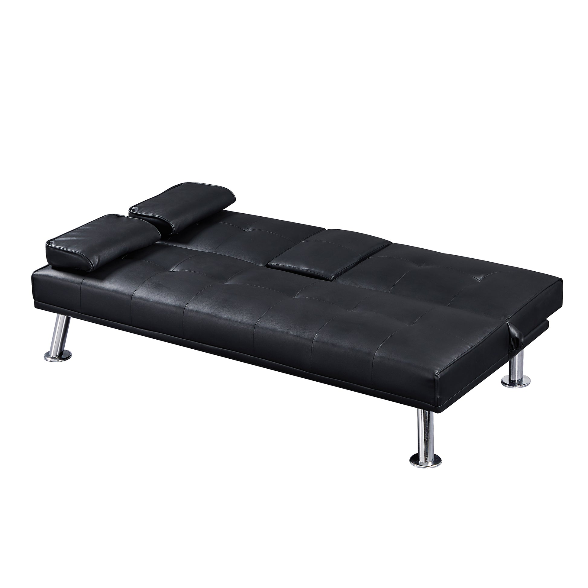 Black Faux Leather Loveseat Sofa Bed With Cup Holdersconvertible Folding Sleeper Couch Bed . Black Wood Tufted Back Armless Foam Pu 2 Seat