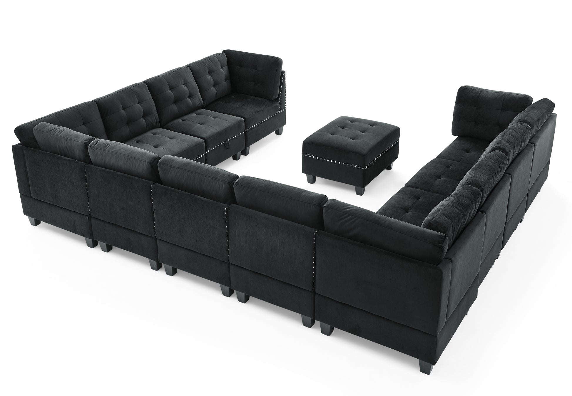 U Shape Modular Sectional Sofa,Diy Combination,Includes Seven Single Chair,Four Corner And One Ottoman,Black Velvet. Black Plywood Velvet