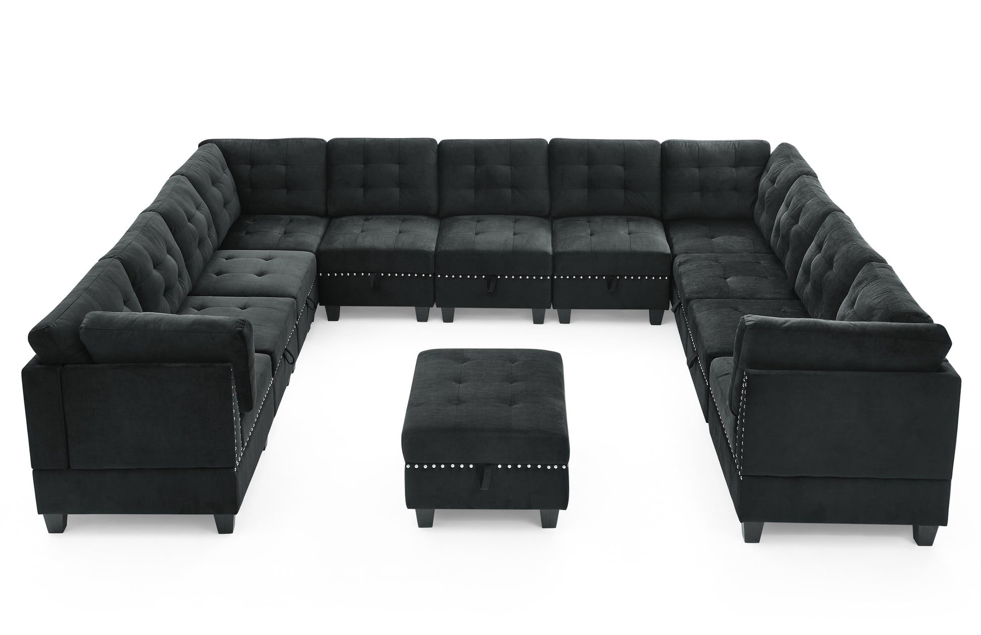 U Shape Modular Sectional Sofa,Diy Combination,Includes Seven Single Chair,Four Corner And One Ottoman,Black Velvet. Black Plywood Velvet