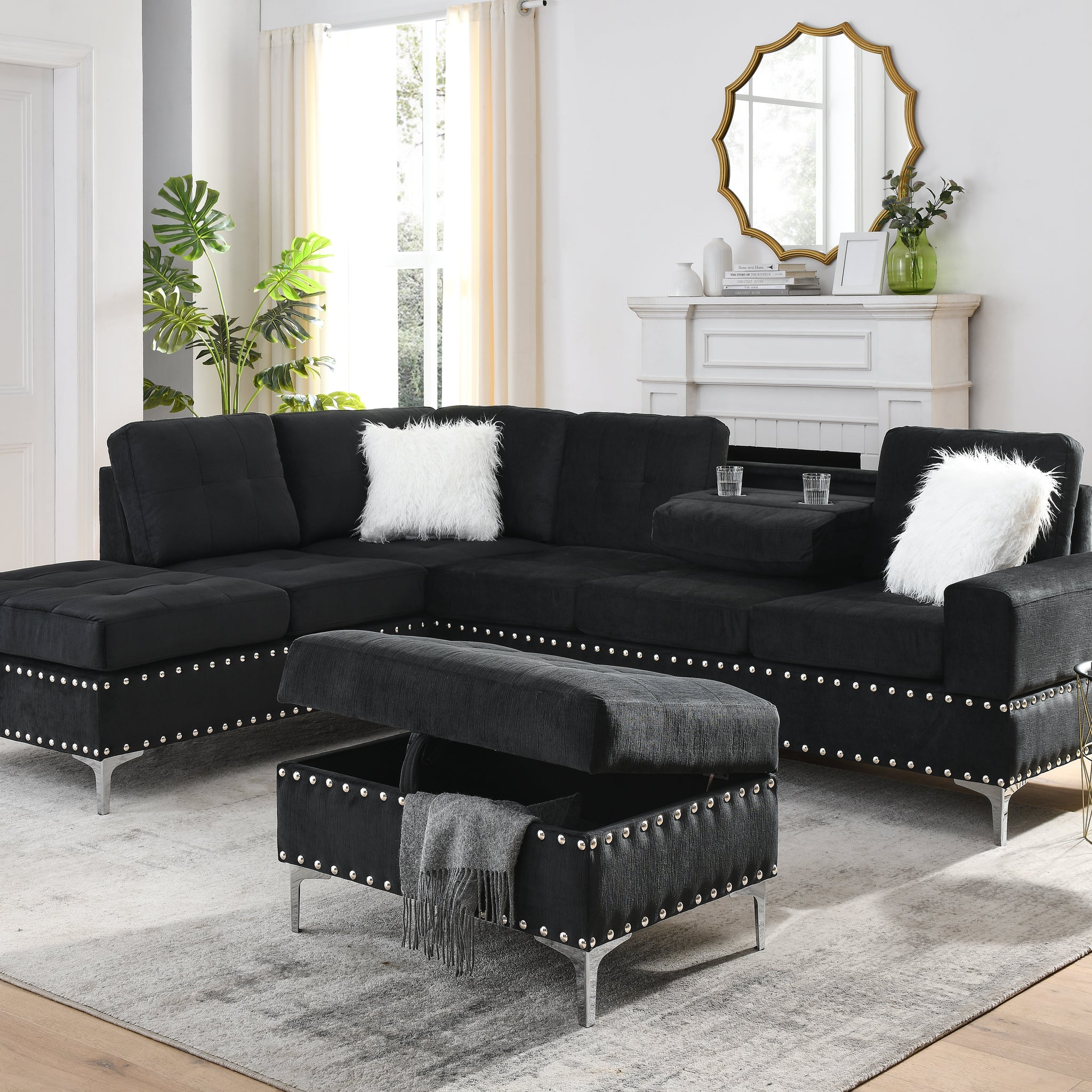 Sectional 3 Seaters Sofa With Reversible Chaise, Storage Ottoman And Cup Holders, Metal Legs And Copper Nails,Two White Villose Pillows ,Black 107.5" X 80.5" X36" Black Velvet