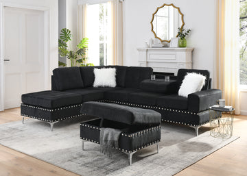 Sectional 3 Seaters Sofa With Reversible Chaise, Storage Ottoman And Cup Holders, Metal Legs And Copper Nails,Two White Villose Pillows ,Black 107.5" X 80.5" X36" Black Velvet