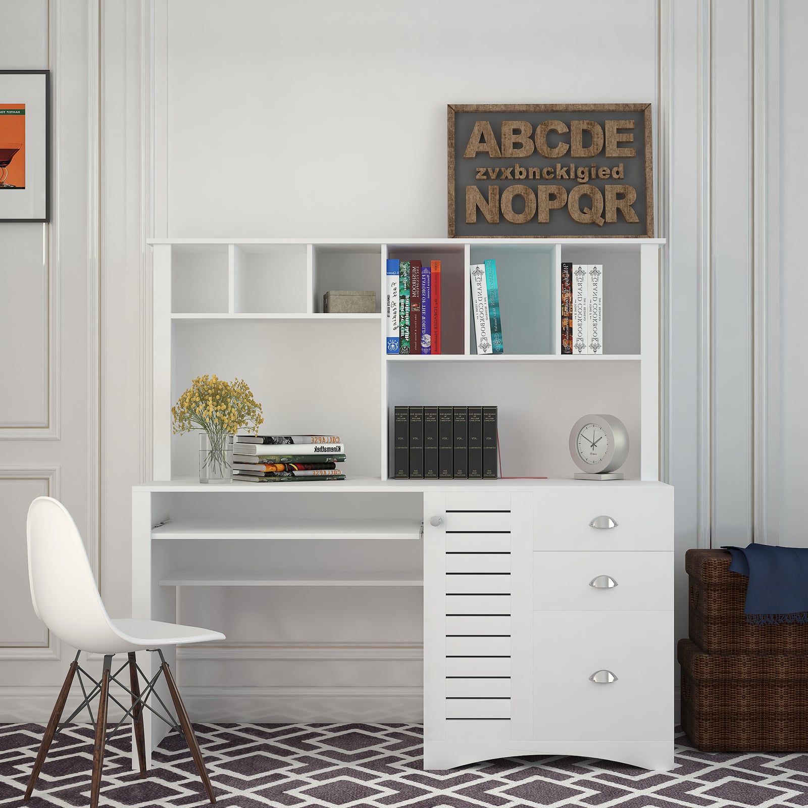 Home Office Computer Desk with Hutch, Antiqued White white-mdf