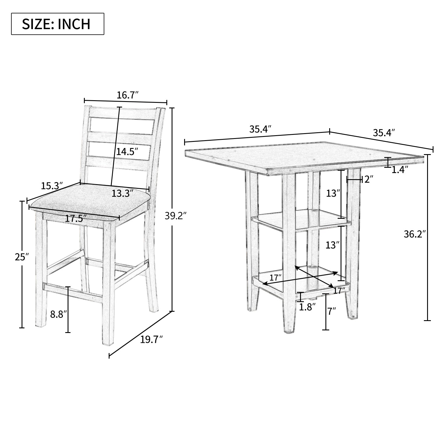 5 Piece Wooden Counter Height Dining Set With Padded Chairs And Storage Shelving Gray Gray Solid Wood