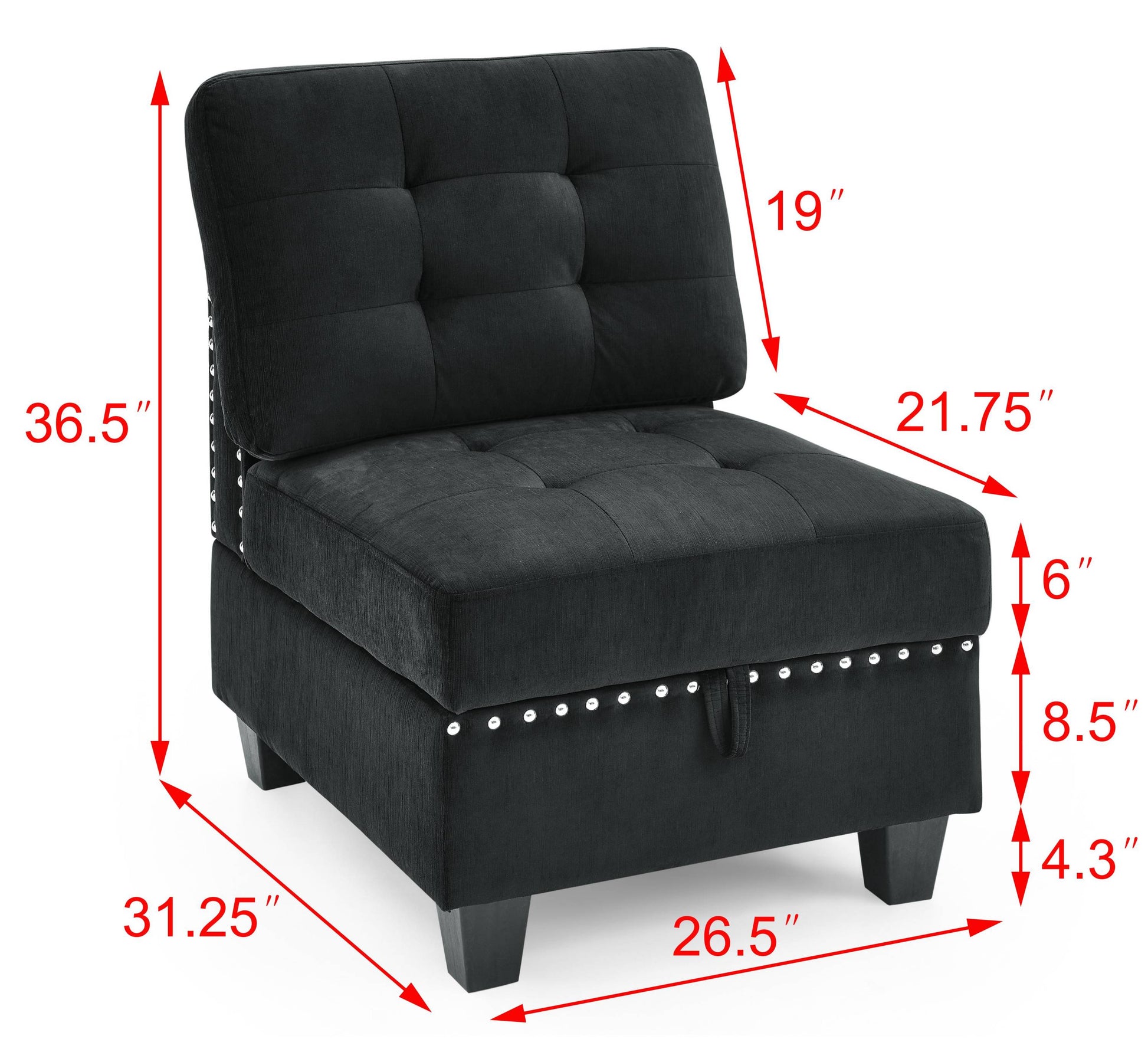 Single Chair For Modular Sectional,Black Velvet 26.5"X31.5"X36" Black Velvet