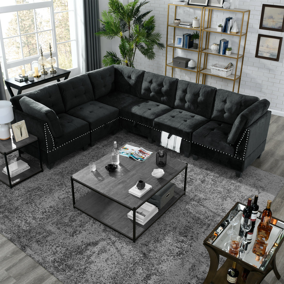 L Shape Modular Sectional Sofa,Diy Combination,Includes Three Single Chair And Three Corner ,Black Velvet. Black Foam Velvet