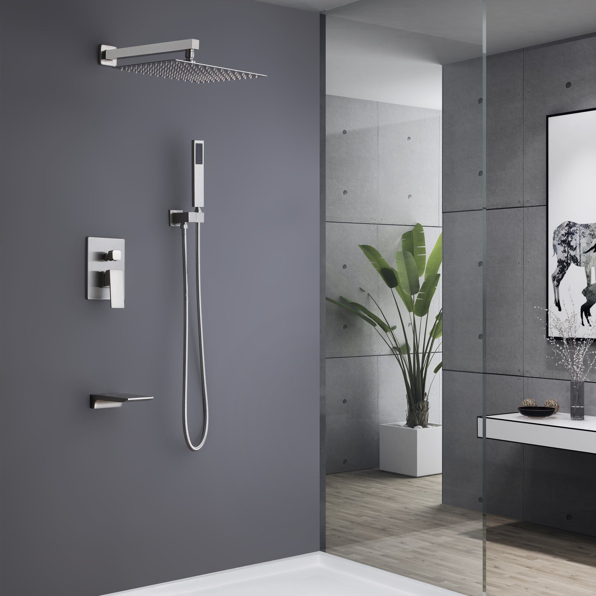 Trustmade Wall Mounted Square Rainfall Pressure Balanced Complteted Shower System With Rough In Valve, 3 Function, 10 Inches Brushed Nickel 3W02 Cement Grey Stainless Steel