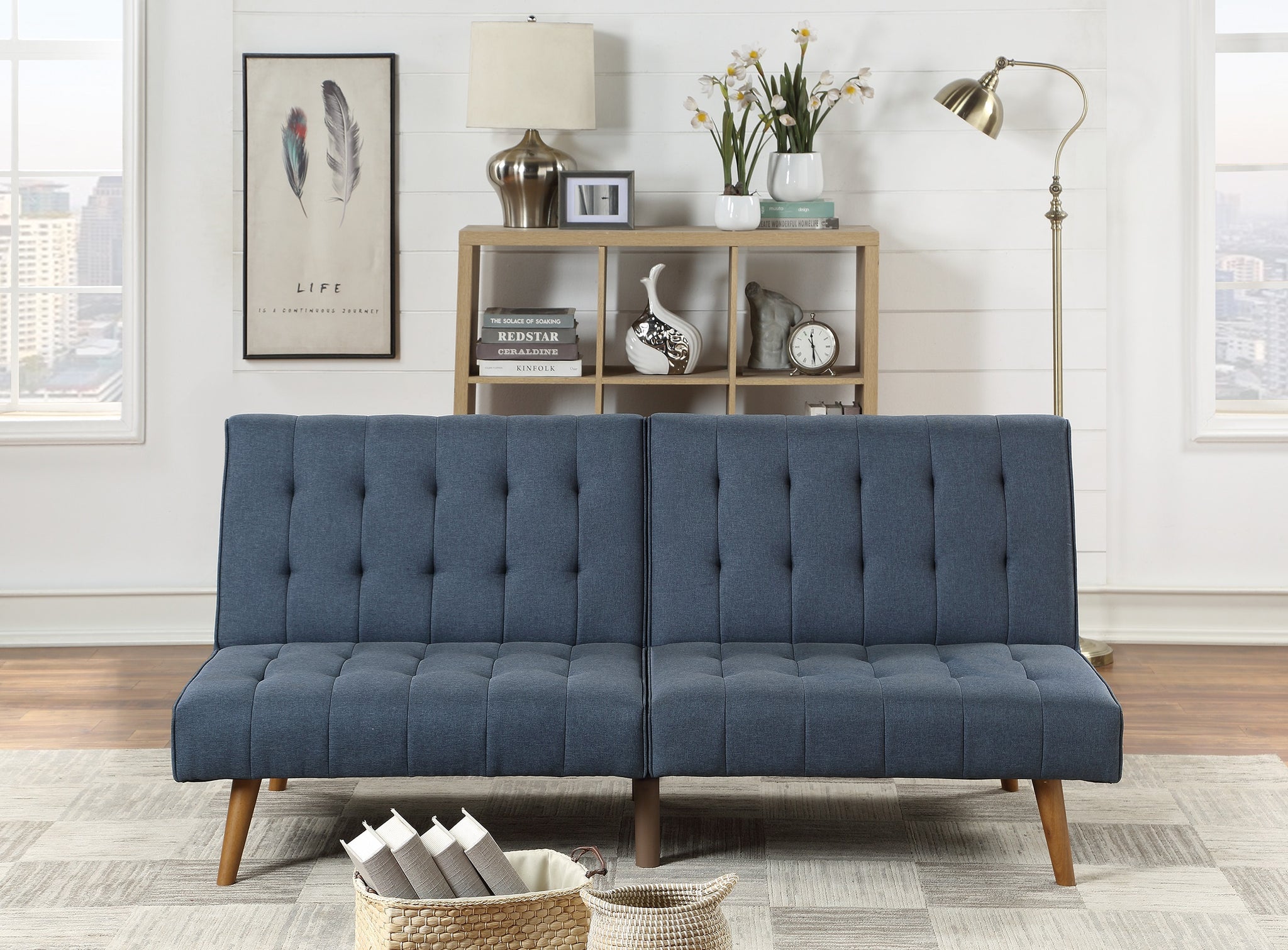 Navy Color Modern Convertible Sofa 1Pc Set Couch Polyfiber Plush Tufted Cushion Sofa Living Room Furniture Wooden Legs Navy Primary Living Space Tufted Back Modern,Transitional Rubberwood Armless Fabric 2 Seat