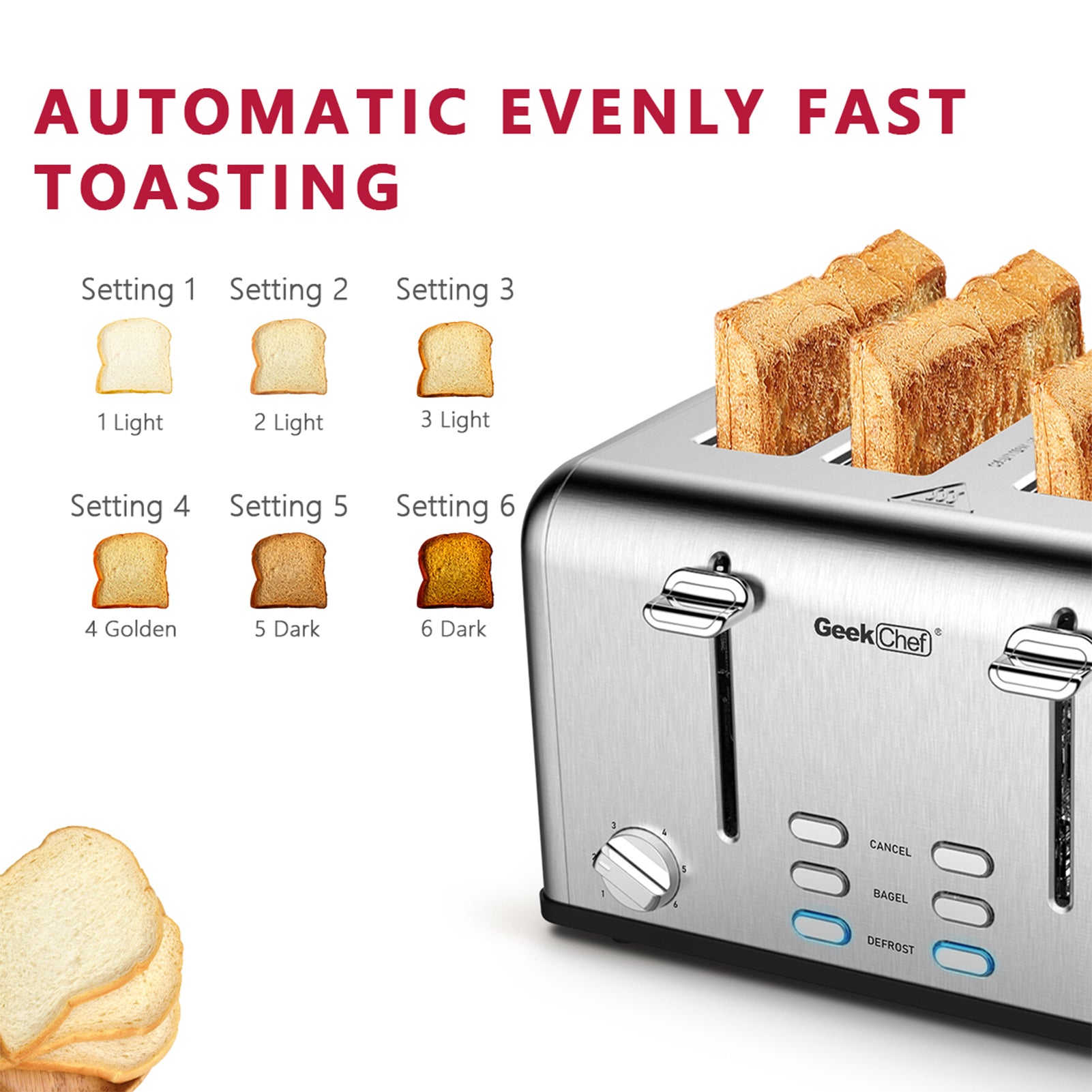 Toaster 4 Slice, Geek Chef Stainless Steel Extra Wide silver-steel