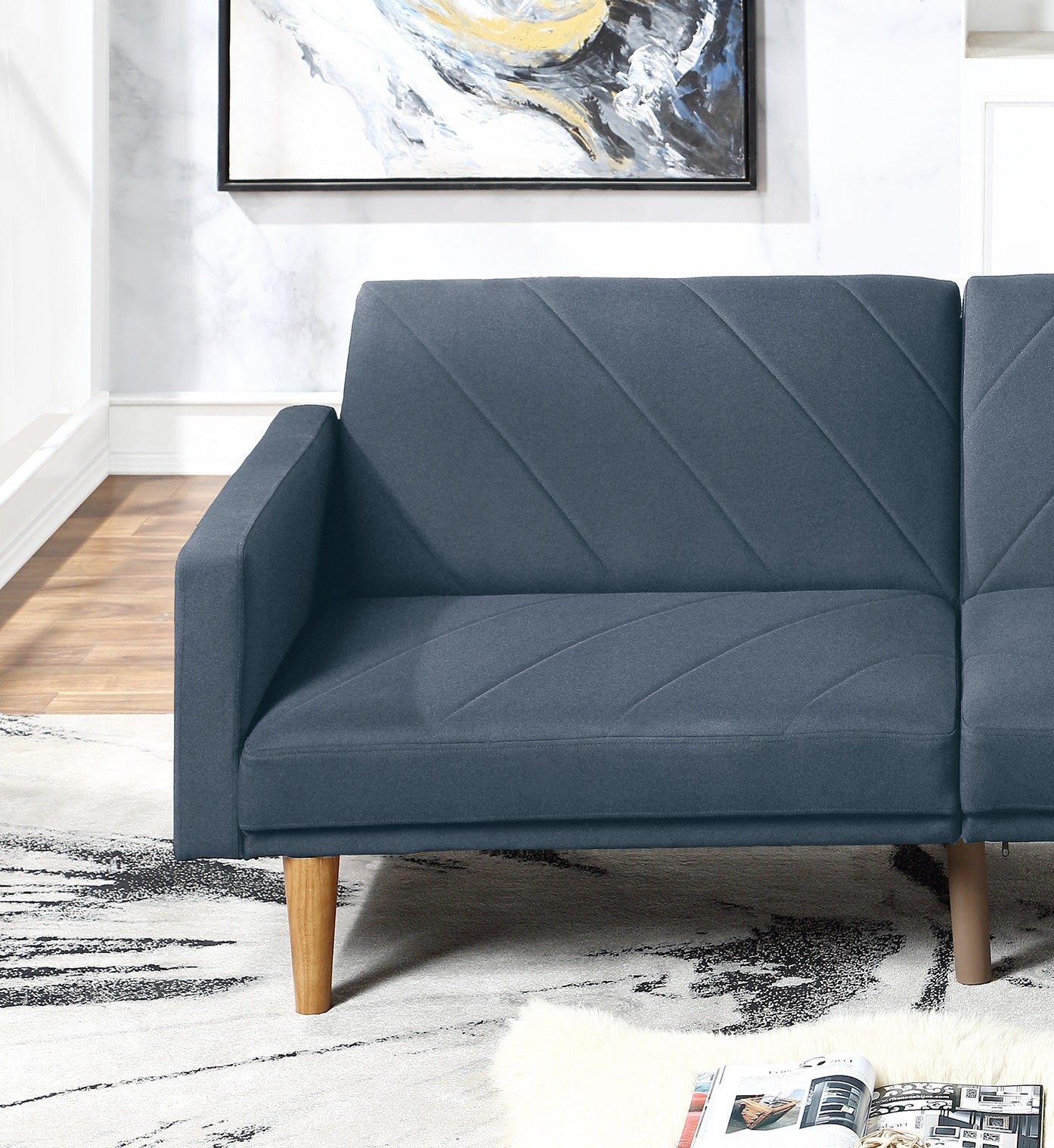 Modern Electric Look 1Pc Convertible Sofa Couch Navy Color Linen Like Fabric Cushion Wooden Legs Living Room Navy Primary Living Space Cushion Back Modern,Transitional Square Arms Fabric 2 Seat